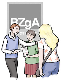 BZgA (Quelle: BIÖG) Menschen im Gespräch, im Hintergrund das Logo der BZgA
