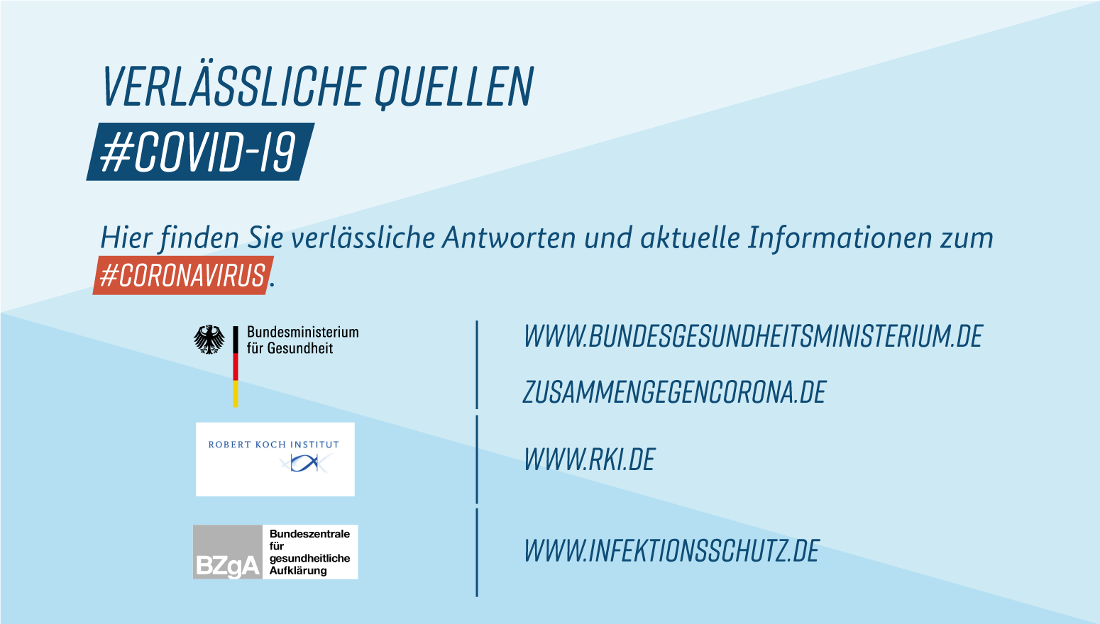 Verlässliche Quellen COVID-19: www.bundesgesundheitsministerium; www.zusammengegencorona.de; www.rki.de; www.infektionsschutz.de